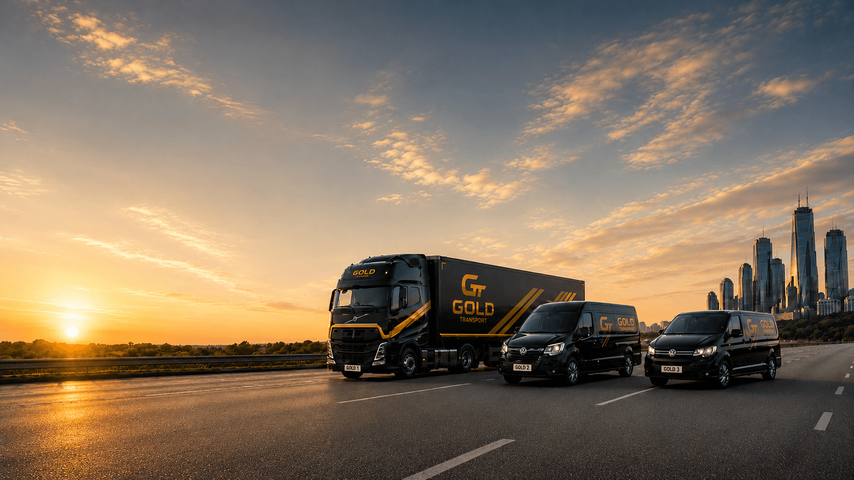 Gold Gastro transport fleet on a city highway at sunset